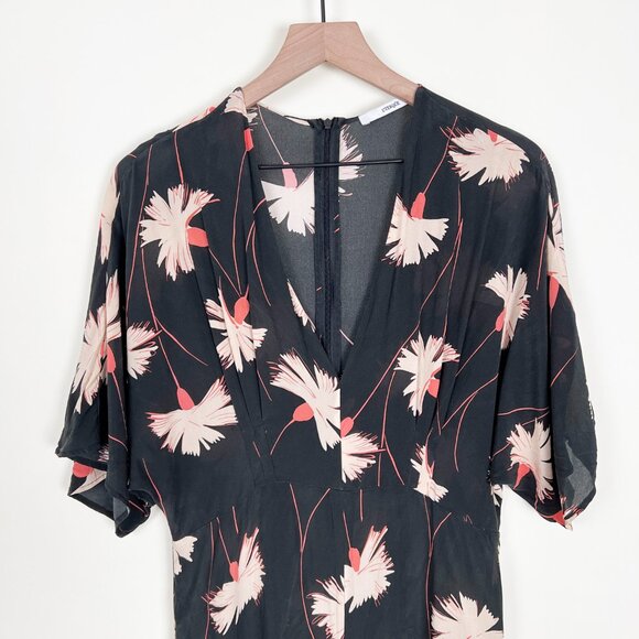 100% Mulberry Silk Wide Leg Jumpsuit Pleated Floral Relaxed Fit & Flare V-Neck - Picture 6 of 12